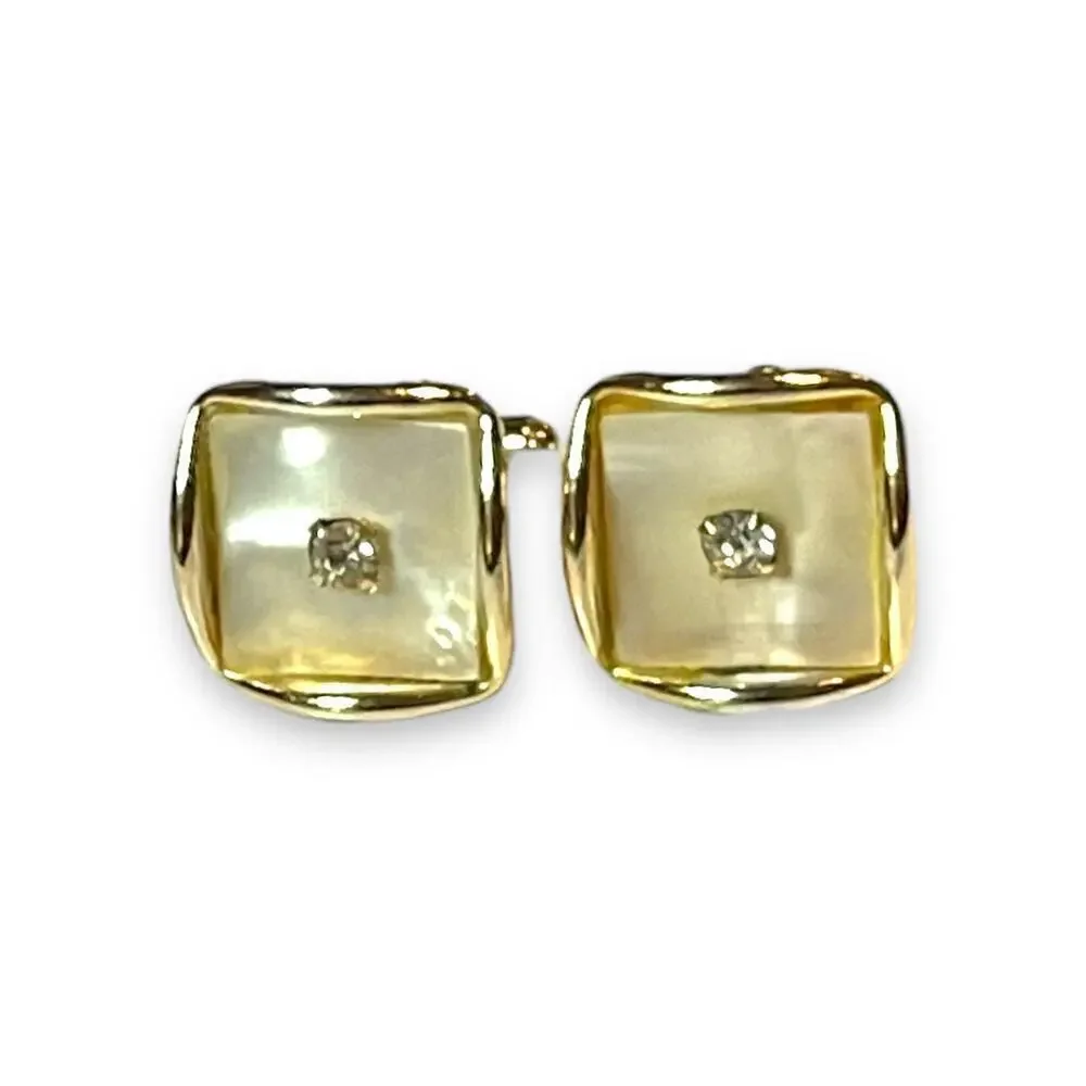 Vintage Cufflinks and Tie Bar Gold Tone Mother of Pearl Rhinestone Wave Edge